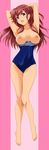  absurdres ano_natsu_de_matteru arms_up barefoot breasts competition_school_swimsuit d: dakimakura full_body glasses highres legs long_image medium_breasts nanashi_noiji nipples one-piece_swimsuit open_mouth purple_eyes red_hair school_swimsuit solo striped striped_background swimsuit swimsuit_pull takatsuki_ichika tall_image 