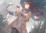  blue_eyes brown_hair building city food k-me long_hair original pantyhose scarf sky tree umbrella 