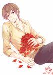  blue_eyes brown_hair dated flower fuji_shuusuke highres male_focus petals signature solo syusuke0229 tennis_no_ouji-sama 