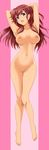  absurdres ano_natsu_de_matteru armpits arms_up barefoot breasts censored d: dakimakura full_body glasses highres legs long_image medium_breasts nanashi_noiji navel nipples nude open_mouth purple_eyes pussy red_hair solo striped striped_background takatsuki_ichika tall_image 