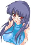  1girl akira_(natsumemo) breasts glasses gym_leader large_breasts lowres natsume_(pokemon) pixiv_manga_sample pokemon purple_hair red_eyes 