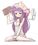  angry bare_shoulders barefoot blush book bottomless bow breasts camisole check_translation cleavage covered_nipples crescent daitai_konna_kanji embarrassed full_body hat long_hair looking_at_viewer no_bra nose_blush patchouli_knowledge purple_eyes simple_background sitting sleeveless small_breasts solo tears touhou translated translation_request wariza white_background 