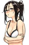  black_hair bra breasts brown_eyes cleavage crossed_arms glasses kawazu lingerie looking_at_viewer medium_breasts original ponytail solo underwear upper_body white_background 