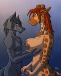  anthro breasts canine dax duo ear_piercing eye_contact female giraffe holding_breasts holding_penis interspecies kadath male mammal nude penis penis_grab piercing puzzle_(character) straight wolf 