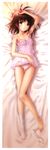  absurdres arm_up armpits bare_shoulders barefoot bow bow_panties bra brown_eyes brown_hair camisole character_request copyright_request dakimakura full_body goto_p highres lingerie looking_at_viewer lying on_back panties parted_lips pink_bra pink_panties scan see-through single_sock sock_pull socks solo strap_slip thigh_gap underwear white_legwear 