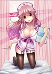  blush breasts cleavage dress e_neko hat headphones highres large_breasts long_hair looking_at_viewer nitroplus nurse nurse_cap open_mouth pink_hair red_eyes smile solo super_sonico syringe thighhighs 