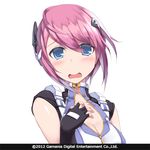  bad_id bad_pixiv_id blue_eyes blush breasts cleavage embarrassed face fingerless_gloves gloves hair_ornament looking_at_viewer medium_breasts open_mouth pink_hair power_dolls short_hair solo upper_body white_background zenn 