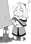  =_= alice_margatroid bad_id bad_pixiv_id boots child fuantei greyscale hair_bobbles hair_ornament lowres monochrome multiple_girls open_mouth pantyhose shinki short_hair side_ponytail skirt_grab smile touhou touhou_(pc-98) translated younger 