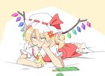  anger_vein annoyed ascot blonde_hair blush constricted_pupils crossed_legs flandre_scarlet food food_in_mouth head_rest lying mutsu_(hasepix) no_shoes on_stomach pocky pout red_eyes short_hair side_ponytail skirt skirt_set socks solo touhou white_legwear wings 