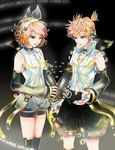 1girl aqua_eyes arm_warmers background_text blonde_hair brother_and_sister detached_sleeves hair_ornament hair_ribbon hairclip headphones kagamine_len kagamine_len_(append) kagamine_rin kagamine_rin_(append) navel ribbon short_hair shorts siblings smile twins vocaloid vocaloid_append 