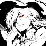  brooch chain chin_rest daitai_konna_kanji face greyscale hair_over_one_eye hand_on_own_face hat high_contrast jewelry looking_at_viewer looking_down monochrome portrait red_eyes remilia_scarlet serious solo spot_color touhou 