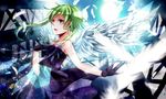  angel_wings bare_shoulders blue_eyes dress feathered_wings feathers gloves green_hair gumi highres looking_away music nou open_mouth short_hair singing solo vocaloid wings 