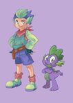  clothing dragon fangs feral friendship_is_magic gloves green_eyes green_hair hair human humanized male mammal my_little_pony plain_background purple_scales sapphire1010 scalie spike_(mlp) square_crossover 
