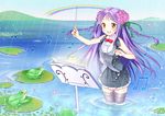  :d bad_id bad_pixiv_id bass_clef baton_(instrument) beamed_eighth_notes braid conductor eighth_note frog half_note highres lily_pad long_hair music_stand musical_note nekosugi_(hoshi) open_mouth original purple_hair purple_legwear rain rainbow sixteenth_note skirt smile solo standing thighhighs twin_braids wading waistcoat water yellow_eyes zettai_ryouiki 