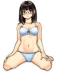  barefoot black_hair blue_eyes bra breasts cleavage glasses kawazu lingerie medium_breasts navel original panties sitting solo underwear underwear_only wariza white_background 