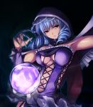  amei_sumeru breasts cape claw_(weapon) cleavage drill_hair expressionless garter_straps highres large_breasts lavender_hair navel orb pearl red_eyes simple_background skirt solo soulcalibur soulcalibur_v viola_(soulcalibur) weapon 