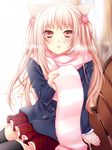  animal_ears bench black_legwear blonde_hair blush breath cat_ears cocoa_(cafe-hotcocoa) looking_at_viewer open_mouth orange_eyes original paw_ornament pink_scarf scarf shino_(endyy) sitting skirt solo striped striped_scarf thighhighs twintails 