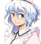  alternate_hair_length alternate_hairstyle blue_eyes blue_hair daitai_konna_kanji face frills hat light_smile looking_at_viewer merlin_prismriver parted_lips ponytail portrait simple_background solo touhou wavy_hair white_background 