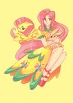  female feral fluttershy_(mlp) friendship_is_magic hair horse human humanized long_hair mammal my_little_pony pegasus pink_hair plain_background pony sapphire1010 wings yellow_background yellow_theme 