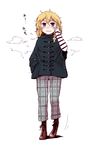  blonde_hair boots bow braid coat contemporary daitai_konna_kanji full_body hair_bow hand_in_pocket hand_on_own_face kirisame_marisa long_sleeves looking_at_viewer no_hat no_headwear pants plaid purple_eyes simple_background single_braid solo standing sweatdrop touhou white_background 