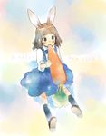  animal_ears bad_id bad_pixiv_id brown_eyes brown_hair bunny_ears bunny_girl carrot dress new_year open_mouth original oversized_object pinafore_dress sakana45 solo 