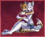  blue_eyes border canine clothed clothing collar couple duo embrace embracing feline female half-dressed interspecies keshikins male mammal ocelot serval skimpy topless whiskers wolf 