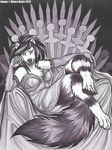  2012 canine facial_piercing female lip_piercing looking_at_viewer mayra_boyle monochrome piercing sitting throne wolf 