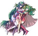  anklet aqua_eyes bad_id bad_pixiv_id barefoot blush boots breasts cape chiki dual_persona echizen_(hvcv) elbow_gloves elf fire_emblem fire_emblem:_kakusei fire_emblem:_monshou_no_nazo girl_sandwich gloves green_eyes green_hair group_hug high_heels hug jewelry large_breasts long_hair mamkute multiple_girls nagi_(fire_emblem) pointy_ears ponytail sandwiched simple_background smile thigh_boots thighhighs tiara time_paradox v_arms very_long_hair white_background 