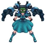  blue_eyes blue_hair boots clenched_hands fingerless_gloves full_body gloves goggles goggles_on_headwear hat kawashiro_nitori key looking_at_viewer mechanical_arm short_hair simple_background skirt smile solo terrajin touhou two_side_up white_background 