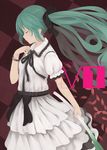  bad_id bad_pixiv_id checkered checkered_background closed_eyes dress green_hair hatsune_miku highres long_hair nnyu solo spring_onion vocaloid 