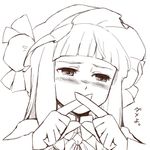  blush bow daitai_konna_kanji embarrassed face greyscale hands hat hat_bow high_contrast looking_away monochrome nose_blush patchouli_knowledge portrait simple_background sketch solo text_focus touhou white_background 