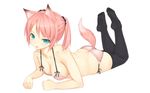  :p animal_ears aqua_eyes bad_id bad_pixiv_id bare_shoulders black_legwear bra breasts collarbone fox_ears fox_tail kabocha_head lingerie lying medium_breasts on_stomach original panties pink_bra pink_hair pink_panties ponytail slit_pupils solo tail tail_through_clothes thighhighs tongue tongue_out underwear underwear_only white_background 
