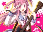  :d \m/ angel_beats! chain fang guitar instrument kureno open_mouth pink_eyes pink_hair school_uniform serafuku shinda_sekai_sensen_uniform smile solo two_side_up yui_(angel_beats!) 