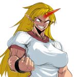  bad_id bad_pixiv_id blonde_hair breasts clenched_hand face grin horn hoshiguma_yuugi large_breasts long_hair muscle pointy_ears red_eyes sharp_teeth sketch smile solo space_jin teeth touhou 