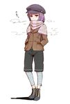  bangs beret blunt_bangs buttons coat cold contemporary daitai_konna_kanji full_body hands_in_pockets hat leggings patchouli_knowledge purple_eyes purple_hair scarf shoes shorts simple_background solo standing striped striped_legwear touhou white_background winter_clothes 