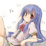  blue_hair hinanawi_tenshi leaning long_hair looking_at_viewer lowres no_hat no_headwear red_eyes solo touhou translated yuuhi_alpha 