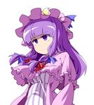  bow capelet crescent dress expressionless hair_bow hat hat_bow jitome long_hair mutsu_(hasepix) patchouli_knowledge purple_eyes purple_hair sidelocks simple_background solo touhou upper_body white_background 