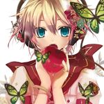  apple blonde_hair blue_eyes bug butterfly fang food fruit headphones hekicha insect jewelry kagamine_len male_focus open_mouth ring vocaloid 