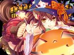  :q animal_ears belt_pouch black_legwear blush bow brown_hair cat_ears cocoa_(cafe-hotcocoa) halloween hat jack-o'-lantern looking_at_viewer orange_eyes original plaid plaid_skirt pouch skirt solo star tail thighhighs tongue tongue_out twintails wand witch_hat 