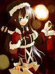  blue_eyes brown_hair christmas christmas_stocking copyright_request fur_trim gift hat lens_flare long_hair santa_costume santa_hat solo tsuga_kyousuke 