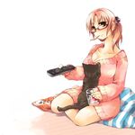  breasts cat cleavage controller glasses large_breasts misaki_kozue mouth_hold original remote_control solo sweater 