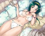  akimoto_komachi bed_sheet bikini bikini_tan book breasts cameltoe covered_nipples green_hair hairband large_breasts looking_at_viewer lying on_back pillow precure sameha_ikuya seductive_smile shiny shiny_skin side-tie_bikini smile solo swimsuit tan tanline thigh_gap wallpaper white_bikini yes!_precure_5 