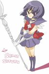  back_bow bishoujo_senshi_sailor_moon bob_cut boots bow character_name choker elbow_gloves gloves holding holding_spear holding_weapon knee_boots magical_girl polearm purple_eyes purple_footwear purple_hair purple_sailor_collar purple_skirt red_bow sailor_collar sailor_saturn sailor_senshi_uniform silence_glaive skirt solo spear staff star star_choker tiara tomoe_hotaru weapon white_gloves yukke 