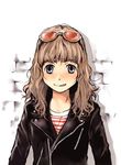  :p bad_id bad_pixiv_id blue_eyes brown_hair eyewear_on_head jacket leather leather_jacket long_hair original smile solo sunglasses tamaoki_benkyou tongue tongue_out 