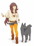  animal bad_id bad_pixiv_id brown_hair dog full_body legwear_under_shorts long_hair mole mole_under_eye orange_legwear original pantyhose pantyhose_under_shorts shorts solo standing uzuinu 