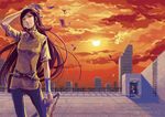  akru bad_id bad_pixiv_id bird brown_hair cityscape cloud flying_paper ladder multiple_girls ofuda original paper red_eyes ribbon scenery sky solo_focus sun sunset sword weapon wind 