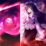  bad_id bad_pixiv_id black_hair confeitoo houraisan_kaguya long_hair moon red_moon ribbon solo touhou 