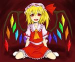  :d ascot blush collar crystal demon_wings flandre_scarlet frills full_body hat mob_cap one_side_up open_mouth puffy_short_sleeves puffy_sleeves red_eyes short_sleeves sitting smile socks solo touhou vampire wariza white_legwear wings yomegane 