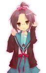  bad_id bad_pixiv_id bow brown_eyes cardigan glasses hair_bow hijiki_(hijikini) kita_high_school_uniform nagato_yuki polka_dot purple_hair school_uniform serafuku short_hair smile solo suzumiya_haruhi_no_yuuutsu 