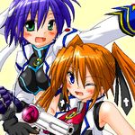  blue_eyes blue_hair cross_mirage green_eyes gun lowres lyrical_nanoha mahou_shoujo_lyrical_nanoha_strikers multiple_girls oekaki red_hair revolver_knuckle ryokusuiteien subaru_nakajima teana_lanster weapon 